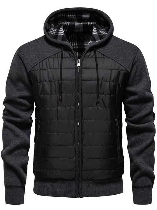 Men's Black Hooded Fleece-Lined Jacket with Zipper - Warm Blend, Long Sleeve, Color Block Design, Perfect for Fall and Winter Work or Casual Wear, Work Clothing | Hooded Jacket | Quilted Texture