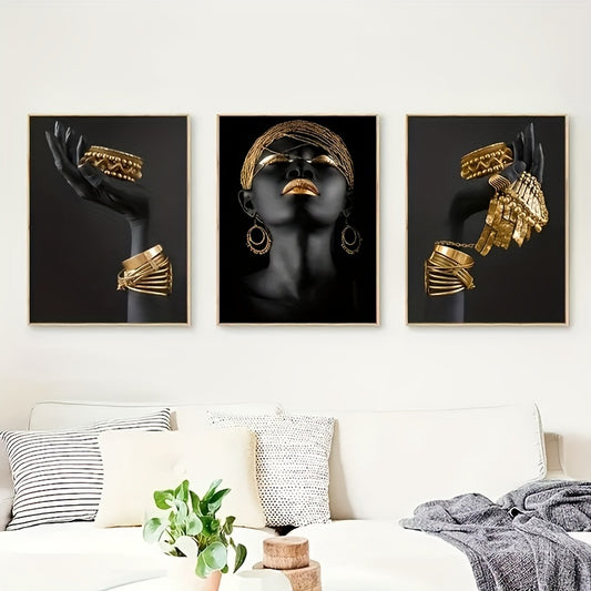 3-Piece Golden Jewelry Canvas Print Set - Elegant Wall Art for Modern Home Decor, Sophisticated Unframed Paintings for Living Spaces - High-Quality, Easy Install