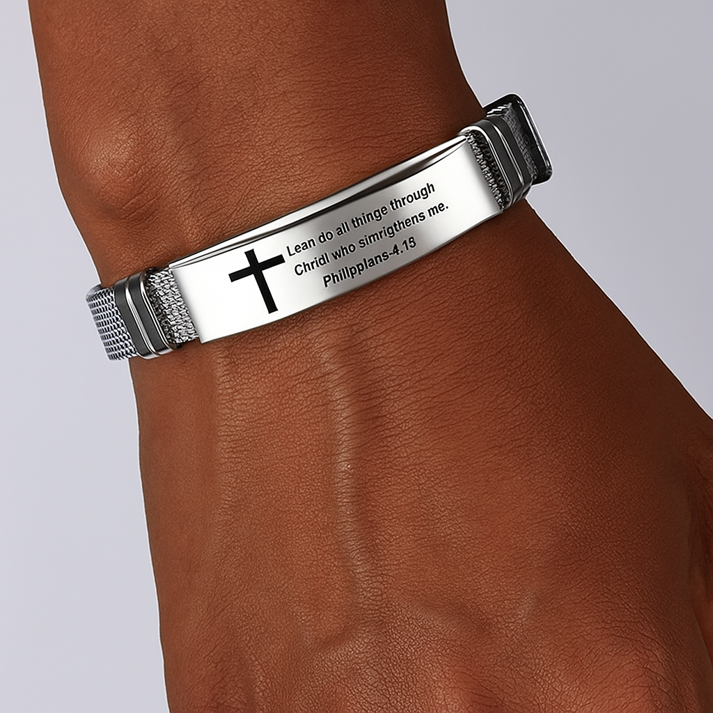 Bracelet en acier inoxydable gravé “Je peux tout faire par le Christ qui me fortifie”