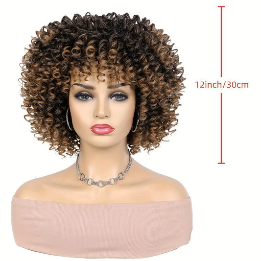 12-Inch Voluminous Afro Curly Wig for Women - Soft Synthetic Hair, Black to Brown Gradient, Perfect for Daily Wear, Parties, Halloween & Cosplay
