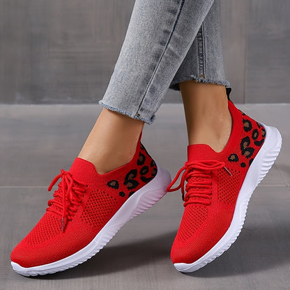Women's Casual Sneakers, Flying Woven Leopard Pattern Breathable Lace-up Running Shoes, Women's Footwear plus size
