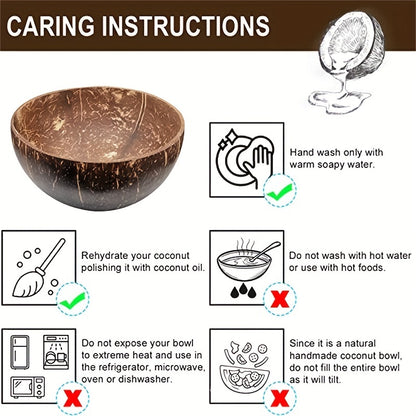 2pcs, Large Oval-Shaped Wooden Botanical Patterned Coconut Bowls Set - Handmade, Unique Dinnerware for Home and Restaurant, Perfect for Serving Salads, Noodles, Yogurt, and Cereal - Includes 2 Wooden Spoons