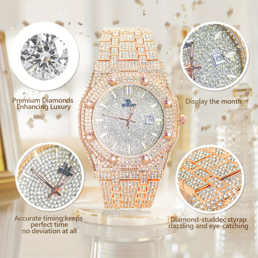 Luxury Hip-Hop Style Watch West Coast Quartz Watch For Men Fully Diamond-Studded Rhinestone Accessory Watch High-End Design Perfect Christmas Gift Wedding Present And Top Gift Choice, Without Battery