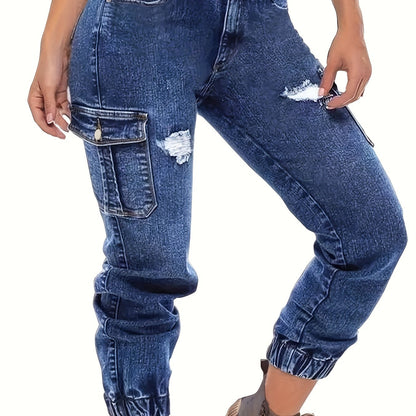 Women'S Heavy Industry Washed And Cropped Jeans With Elasticated Cuffs, Featuring Multiple Pockets For A Casual And Workwear-inspired Look, Denim Nine-inch Pants For Women.