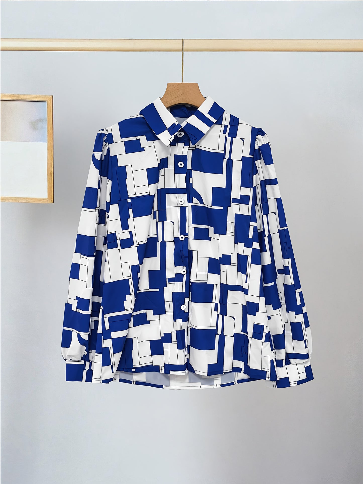 Women'S Elegant Geometric Print Blouse & Stylish Button-Up Skirt Two-Piece Set - Spring/Summer Fashion, Sleeveless Top with Polo Collar, and High-Waisted Skirt, Ideal for Office or Casual Attire, Office Attire|Geometric Print