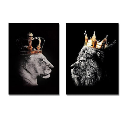 2pcs Lion Couple Wall Decals, Black Lion & Lioness With Crowns Canvas Painting Posters Wall Art Decor, For Home Bedroom Living Room Decor