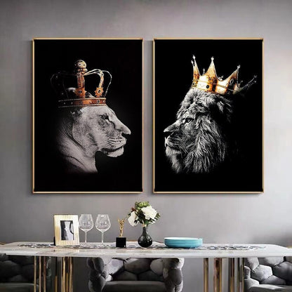 2pcs Lion Couple Wall Decals, Black Lion & Lioness With Crowns Canvas Painting Posters Wall Art Decor, For Home Bedroom Living Room Decor