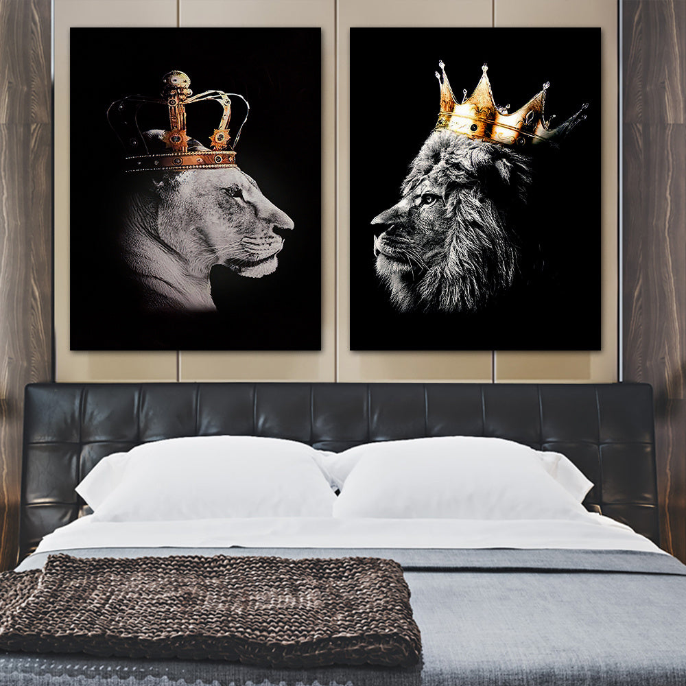 2pcs Lion Couple Wall Decals, Black Lion & Lioness With Crowns Canvas Painting Posters Wall Art Decor, For Home Bedroom Living Room Decor