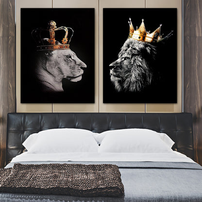 2pcs Lion Couple Wall Decals, Black Lion & Lioness With Crowns Canvas Painting Posters Wall Art Decor, For Home Bedroom Living Room Decor