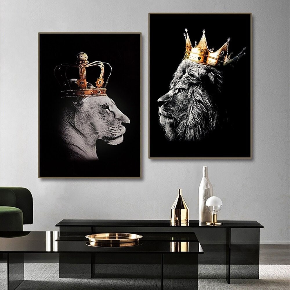 2pcs Lion Couple Wall Decals, Black Lion & Lioness With Crowns Canvas Painting Posters Wall Art Decor, For Home Bedroom Living Room Decor
