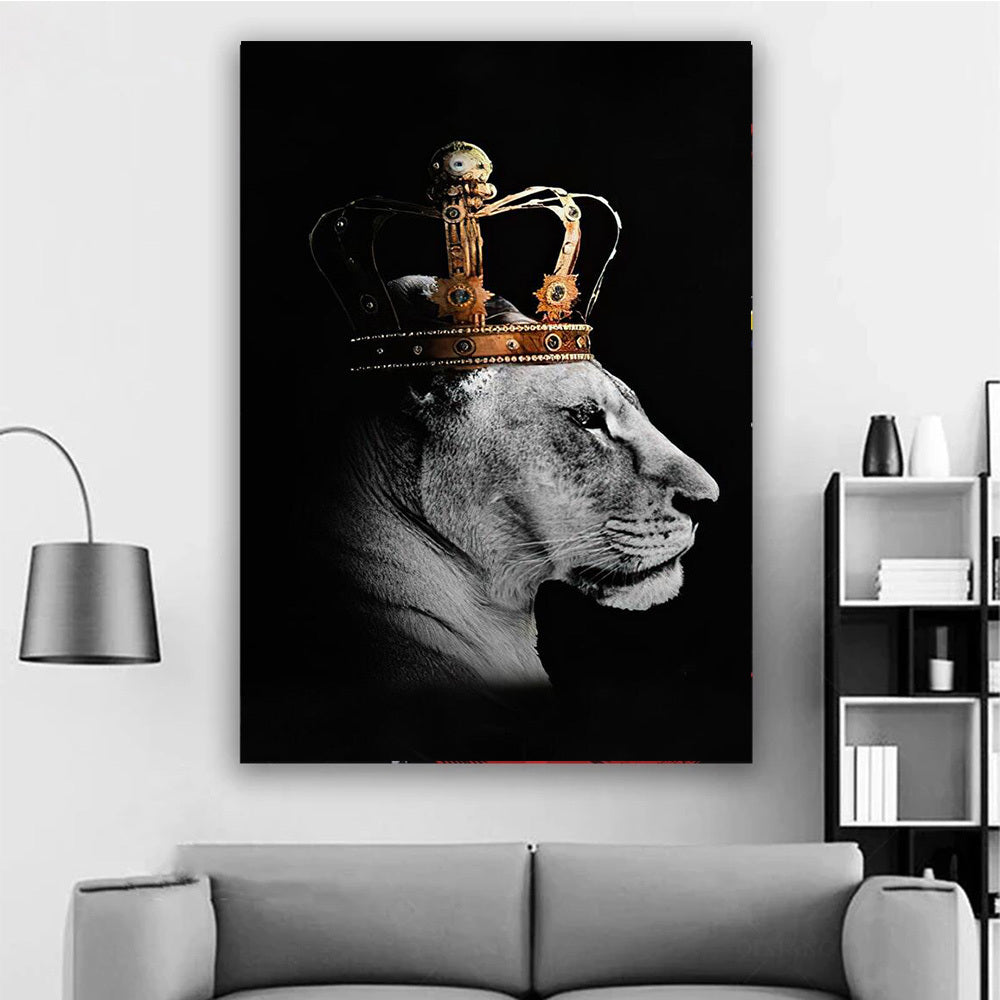 2pcs Lion Couple Wall Decals, Black Lion & Lioness With Crowns Canvas Painting Posters Wall Art Decor, For Home Bedroom Living Room Decor