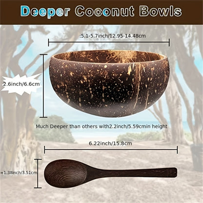 2pcs, Large Oval-Shaped Wooden Botanical Patterned Coconut Bowls Set - Handmade, Unique Dinnerware for Home and Restaurant, Perfect for Serving Salads, Noodles, Yogurt, and Cereal - Includes 2 Wooden Spoons