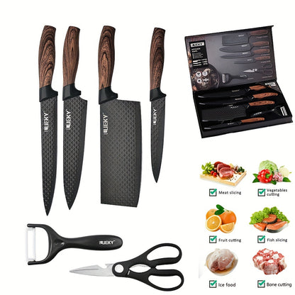 Professional 6pcs Kitchen Knives Set, Chef, Cleaver, Slicer, Utility Knife Peeler& Scissors Stainless Steel Ultra Sharp with Non-Stick Ergonomic Wood Handle Cooking Chef Knife Set for Home Travel Vegetable, Meat, Fruit Gift B