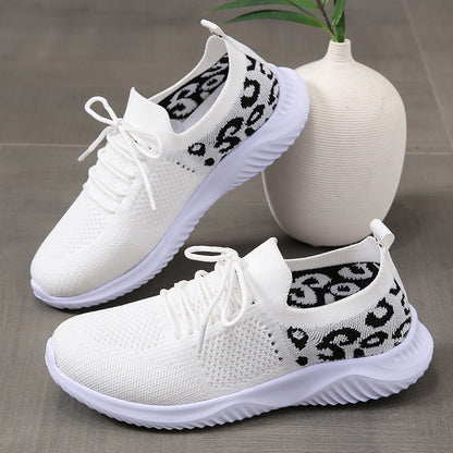 Women's Casual Sneakers, Flying Woven Leopard Pattern Breathable Lace-up Running Shoes, Women's Footwear plus size