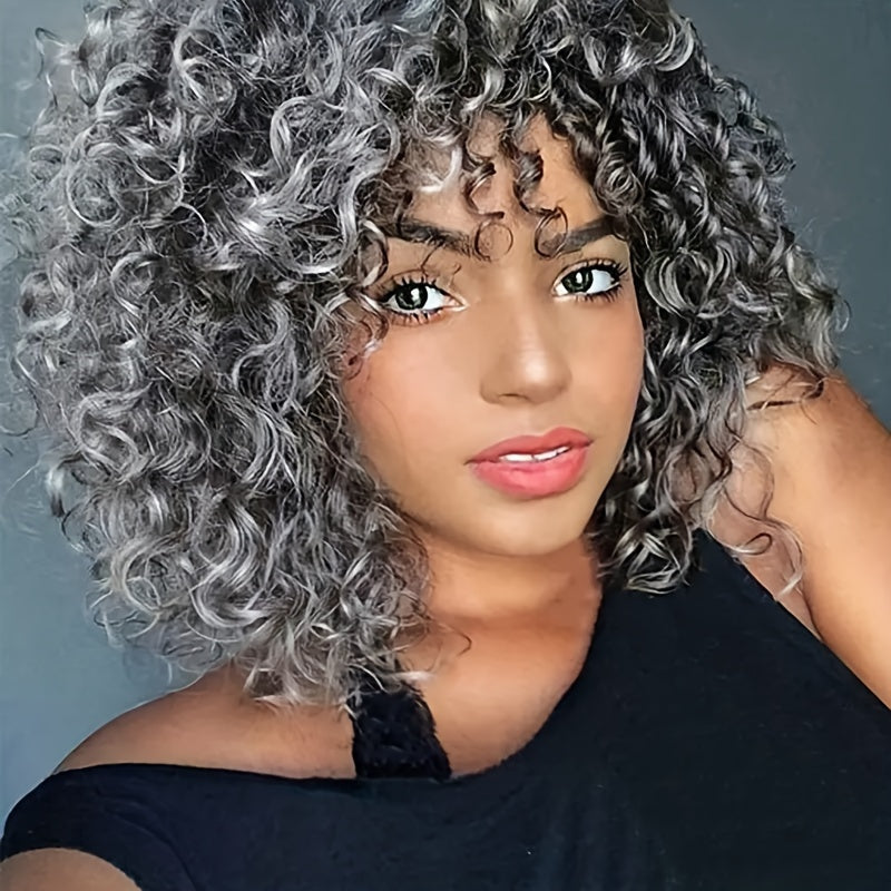 12-Inch Voluminous Afro Curly Wig for Women - Soft Synthetic Hair, Black to Brown Gradient, Perfect for Daily Wear, Parties, Halloween & Cosplay