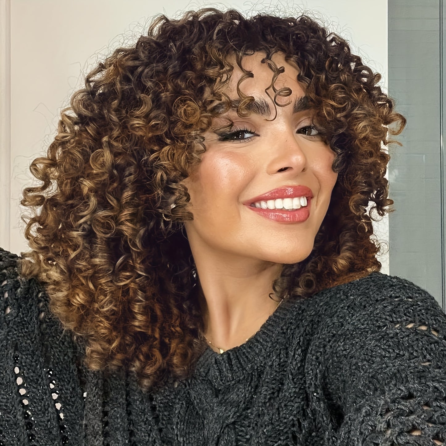 12-Inch Voluminous Afro Curly Wig for Women - Soft Synthetic Hair, Black to Brown Gradient, Perfect for Daily Wear, Parties, Halloween & Cosplay