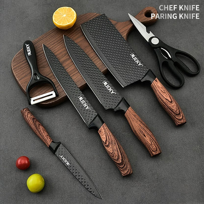 Professional 6pcs Kitchen Knives Set, Chef, Cleaver, Slicer, Utility Knife Peeler& Scissors Stainless Steel Ultra Sharp with Non-Stick Ergonomic Wood Handle Cooking Chef Knife Set for Home Travel Vegetable, Meat, Fruit Gift B