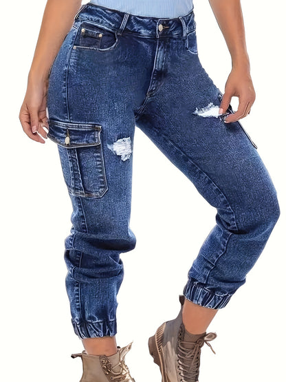 Women'S Heavy Industry Washed And Cropped Jeans With Elasticated Cuffs, Featuring Multiple Pockets For A Casual And Workwear-inspired Look, Denim Nine-inch Pants For Women.