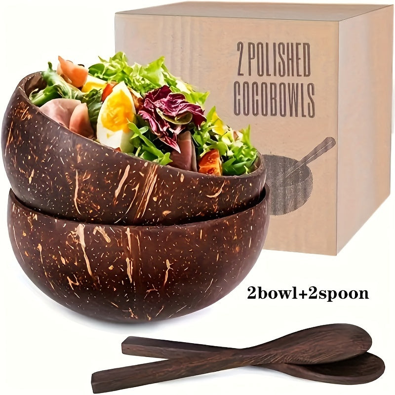 2pcs, Large Oval-Shaped Wooden Botanical Patterned Coconut Bowls Set - Handmade, Unique Dinnerware for Home and Restaurant, Perfect for Serving Salads, Noodles, Yogurt, and Cereal - Includes 2 Wooden Spoons
