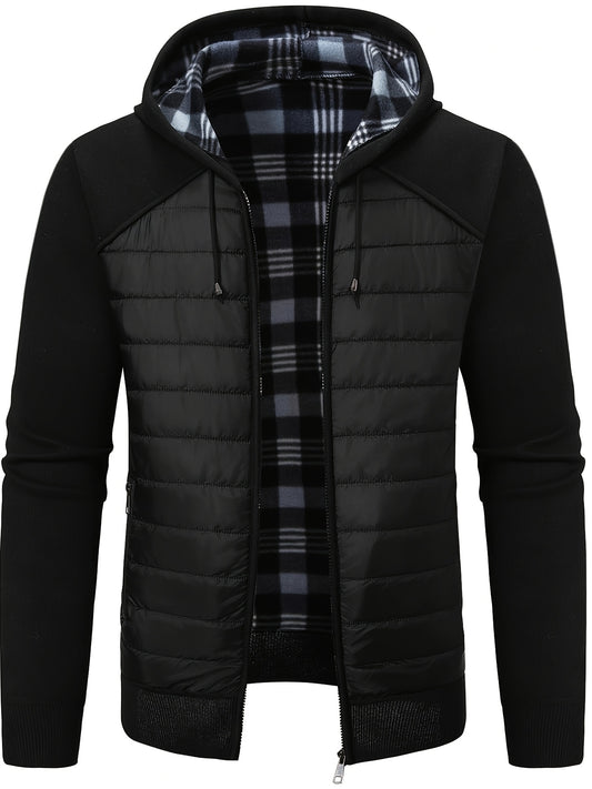 Men's Black Hooded Fleece-Lined Jacket with Zipper - Warm Blend, Long Sleeve, Color Block Design, Perfect for Fall and Winter Work or Casual Wear, Work Clothing | Hooded Jacket | Quilted Texture