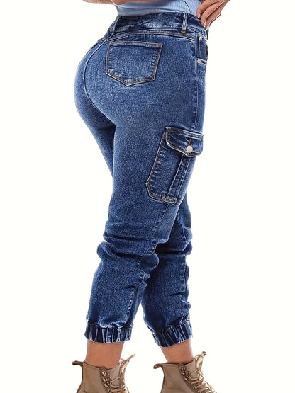 Women'S Heavy Industry Washed And Cropped Jeans With Elasticated Cuffs, Featuring Multiple Pockets For A Casual And Workwear-inspired Look, Denim Nine-inch Pants For Women.