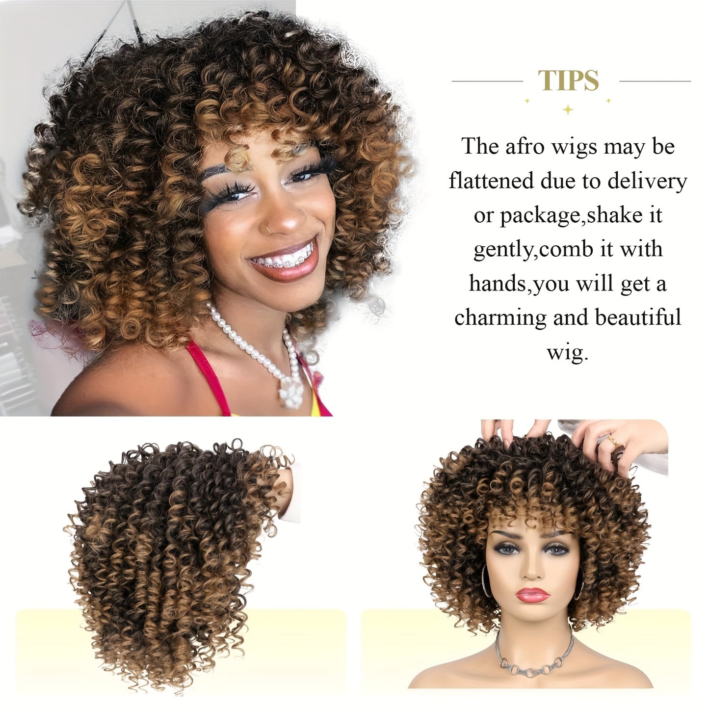 12-Inch Voluminous Afro Curly Wig for Women - Soft Synthetic Hair, Black to Brown Gradient, Perfect for Daily Wear, Parties, Halloween & Cosplay