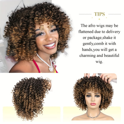 12-Inch Voluminous Afro Curly Wig for Women - Soft Synthetic Hair, Black to Brown Gradient, Perfect for Daily Wear, Parties, Halloween & Cosplay