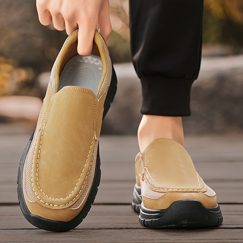 Men's Slip-On Loafers - Comfortable Casual Business Shoes, Yellow & Beige Two-Tone Design, Breathable Mesh Lining, Durable PVC Sole, Round Toe, All-Season Wear for Everyday and Leisure, Chunky Shoes