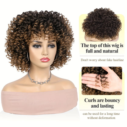 12-Inch Voluminous Afro Curly Wig for Women - Soft Synthetic Hair, Black to Brown Gradient, Perfect for Daily Wear, Parties, Halloween & Cosplay