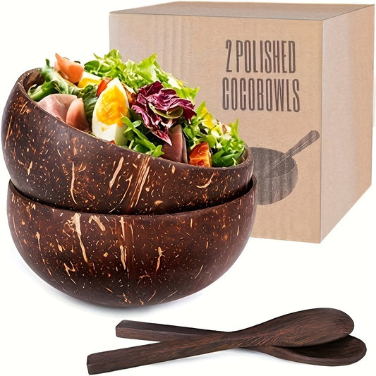 2pcs, Large Oval-Shaped Wooden Botanical Patterned Coconut Bowls Set - Handmade, Unique Dinnerware for Home and Restaurant, Perfect for Serving Salads, Noodles, Yogurt, and Cereal - Includes 2 Wooden Spoons