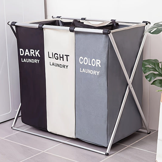 3-Section Foldable Laundry Sorter Basket, Metal & PVC, Dark/Light/Color Separate, Waterproof Oxford Bags, Aluminum Frame, Floor Mount, Casual Style, for Home & Dormitory Washing Clothes Storage