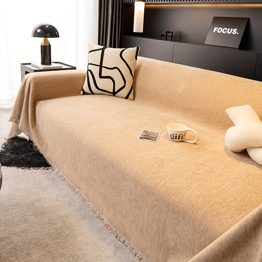 1pc Luxurious Waterproof Sofa Cover with Tassels - Durable, Washable, and Universal Furniture Protector for Living Room Home Decor - Stylish Couch Slipcover and Throw Blanket Alternative