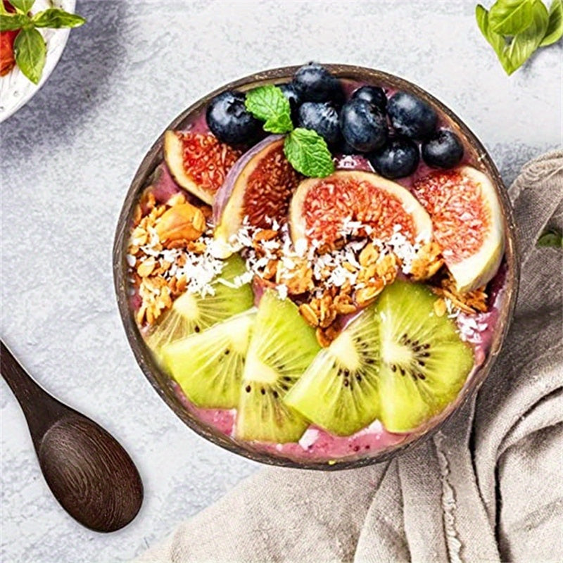 2pcs, Large Oval-Shaped Wooden Botanical Patterned Coconut Bowls Set - Handmade, Unique Dinnerware for Home and Restaurant, Perfect for Serving Salads, Noodles, Yogurt, and Cereal - Includes 2 Wooden Spoons