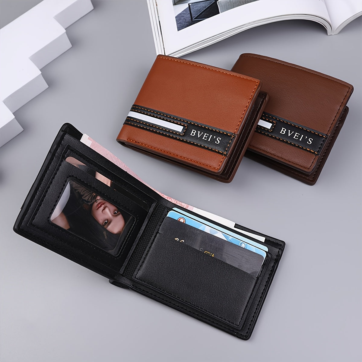 Men'S PU Wallet - Casual Style, Letter Pattern, Colorful Details, Multi-card Clip, Double Fold Short Wallet, Ideal For Gift Giving.