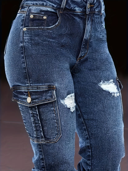 Women'S Heavy Industry Washed And Cropped Jeans With Elasticated Cuffs, Featuring Multiple Pockets For A Casual And Workwear-inspired Look, Denim Nine-inch Pants For Women.