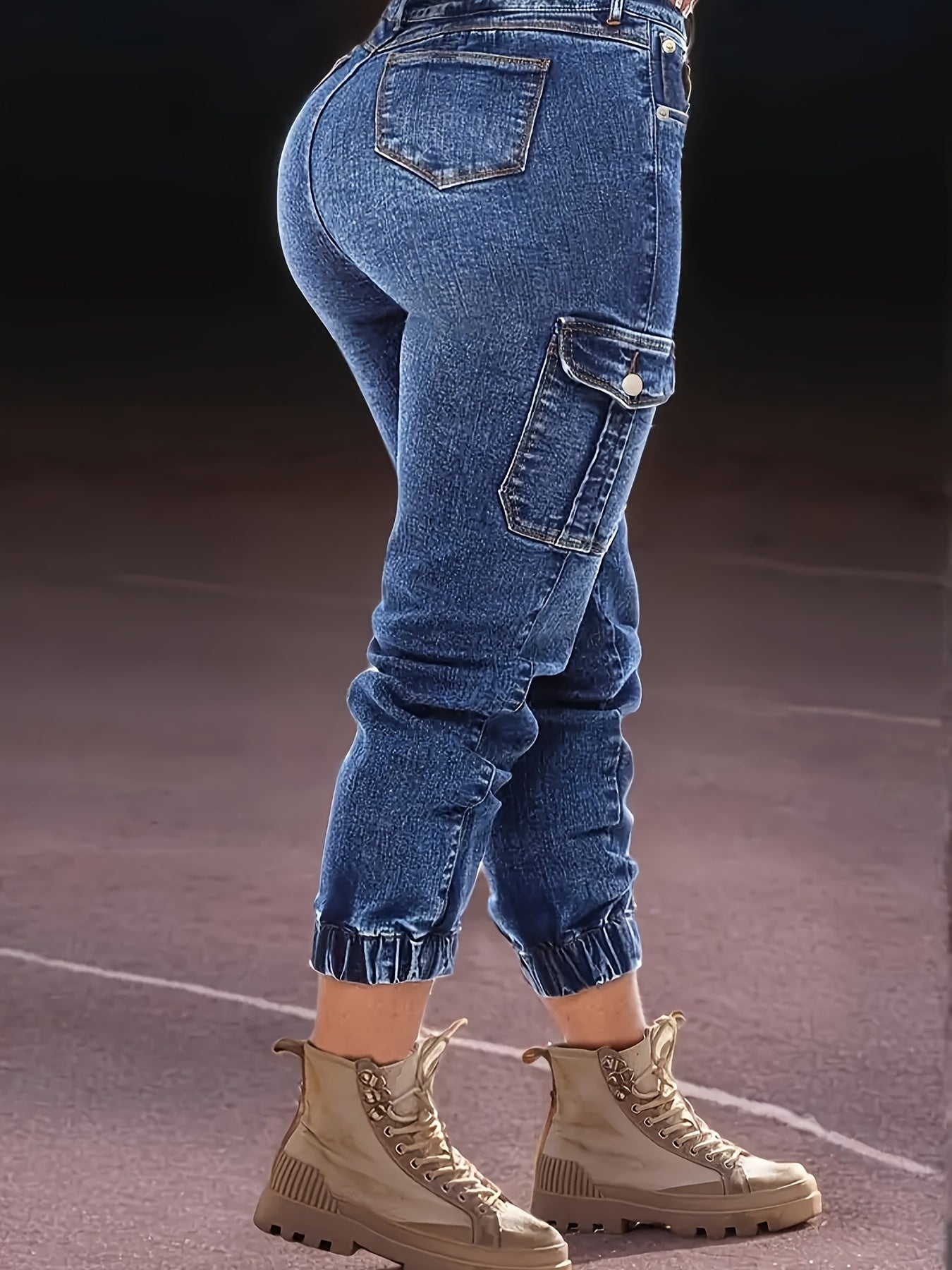 Women'S Heavy Industry Washed And Cropped Jeans With Elasticated Cuffs, Featuring Multiple Pockets For A Casual And Workwear-inspired Look, Denim Nine-inch Pants For Women.