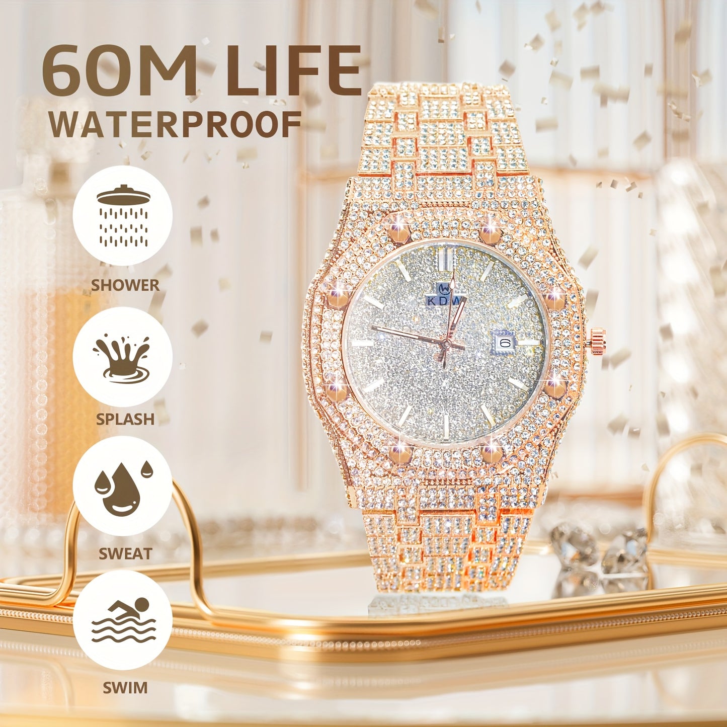 Luxury Hip-Hop Style Watch West Coast Quartz Watch For Men Fully Diamond-Studded Rhinestone Accessory Watch High-End Design Perfect Christmas Gift Wedding Present And Top Gift Choice, Without Battery
