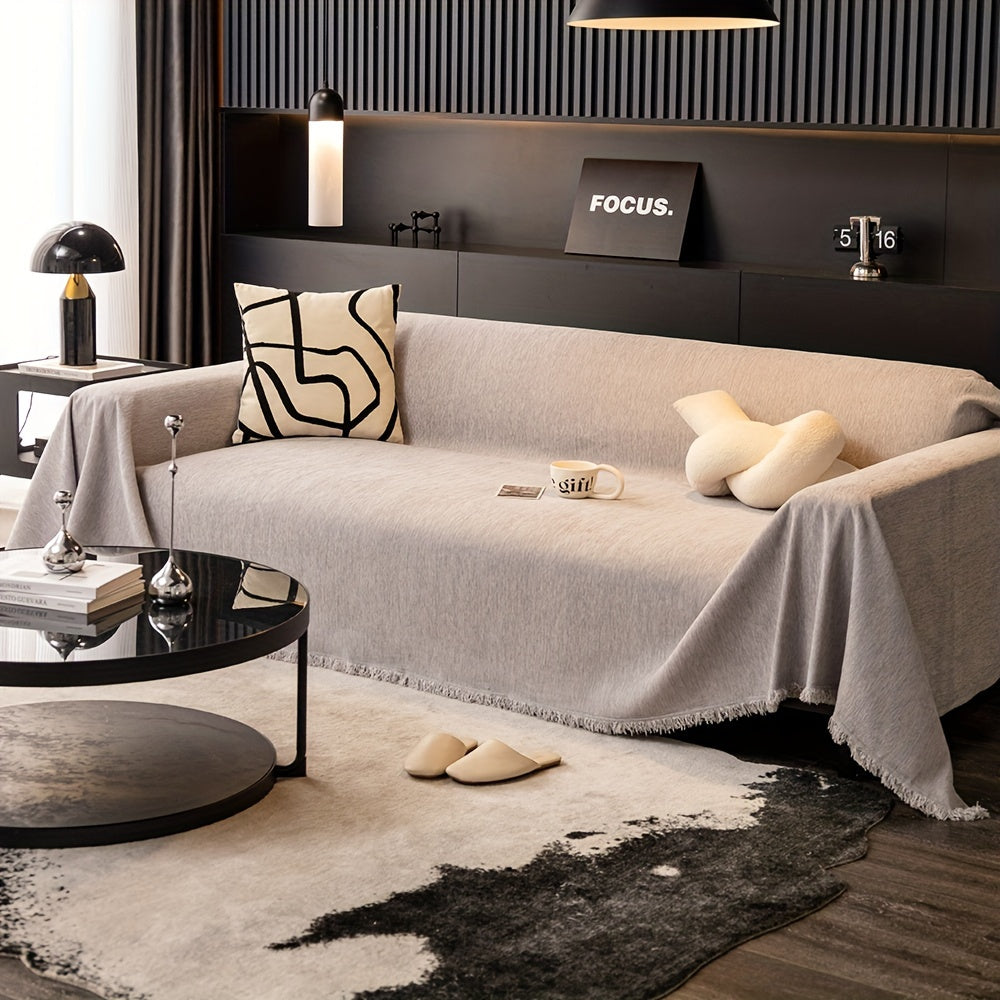 1pc Luxurious Waterproof Sofa Cover with Tassels - Durable, Washable, and Universal Furniture Protector for Living Room Home Decor - Stylish Couch Slipcover and Throw Blanket Alternative