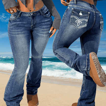 Plus Size Women'S Flared Pocket Embroidered Pants Jeans - Slim Elastic Trendy Sexy Fairy Gorgeous Elegant Avant-Garde Old Retro, Suitable for All Seasons Casual Wear - American Country Ladies Classic Denim Wear