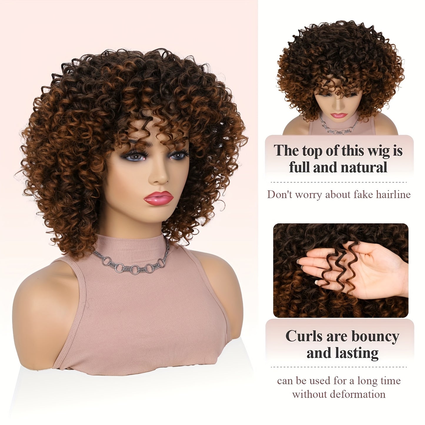 12-Inch Voluminous Afro Curly Wig for Women - Soft Synthetic Hair, Black to Brown Gradient, Perfect for Daily Wear, Parties, Halloween & Cosplay