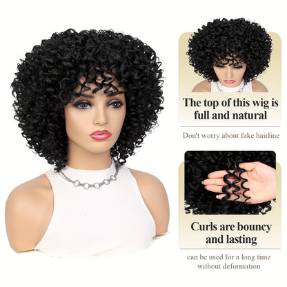 12-Inch Voluminous Afro Curly Wig for Women - Soft Synthetic Hair, Black to Brown Gradient, Perfect for Daily Wear, Parties, Halloween & Cosplay