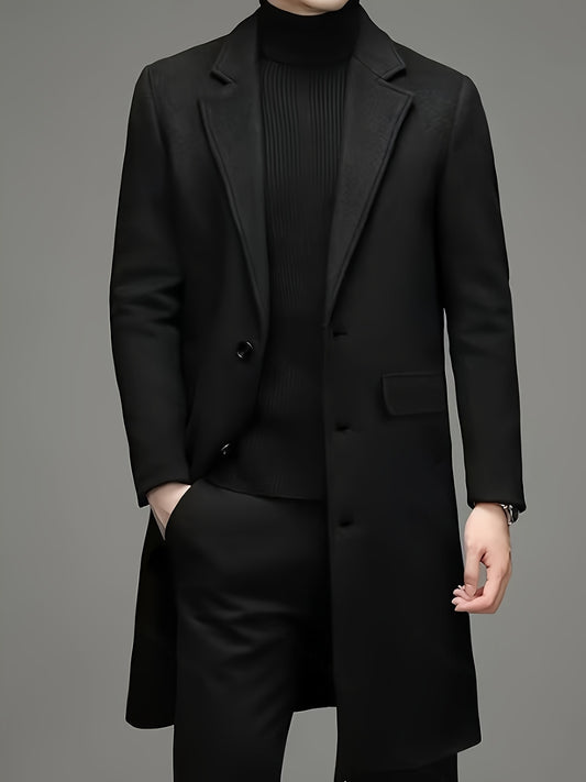 Men's Classic Solid Color Long Trench Coat with Lapel Collar & Double-Breasted Buttons -Y2K Style, Perfect for Fall/Winter Outdoor Activities, Ideal Gift for Husband or Boyfriend