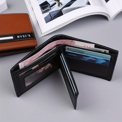 Men'S PU Wallet - Casual Style, Letter Pattern, Colorful Details, Multi-card Clip, Double Fold Short Wallet, Ideal For Gift Giving.