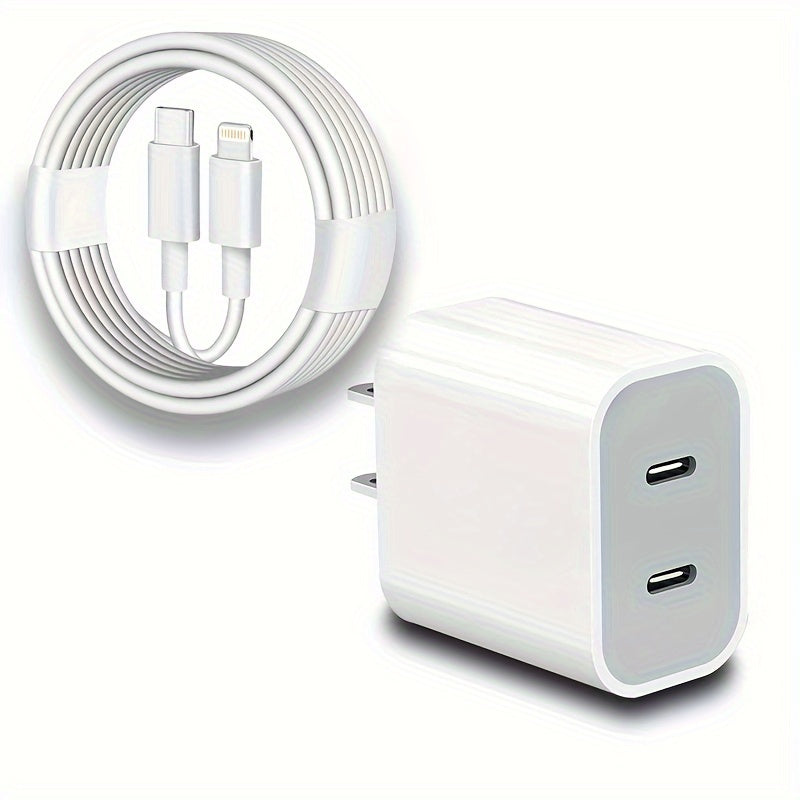 UKETO Dual Port PD Fast Charger, USB Type-C Wall Charging Adapter, US Plug Power Supply for iPhone 14/13/12/11/XS/XR/X, iPad - 20W Travel Power Adapter with 2x 6.6FT USB-C Cables, Fast Charging Kit