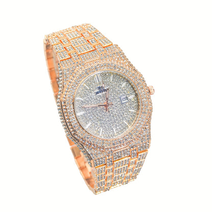 Luxury Hip-Hop Style Watch West Coast Quartz Watch For Men Fully Diamond-Studded Rhinestone Accessory Watch High-End Design Perfect Christmas Gift Wedding Present And Top Gift Choice, Without Battery