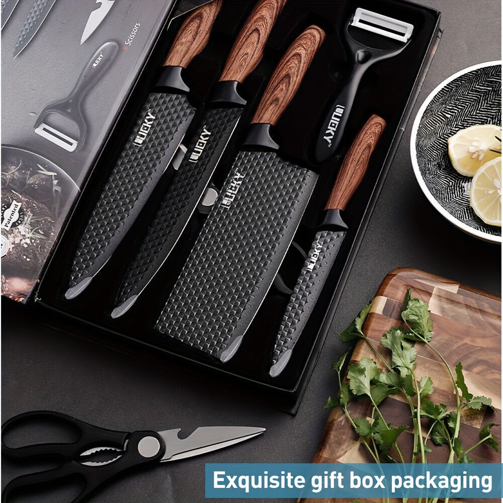 Professional 6pcs Kitchen Knives Set, Chef, Cleaver, Slicer, Utility Knife Peeler& Scissors Stainless Steel Ultra Sharp with Non-Stick Ergonomic Wood Handle Cooking Chef Knife Set for Home Travel Vegetable, Meat, Fruit Gift B