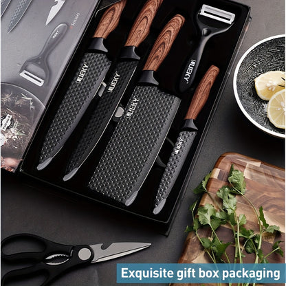 Professional 6pcs Kitchen Knives Set, Chef, Cleaver, Slicer, Utility Knife Peeler& Scissors Stainless Steel Ultra Sharp with Non-Stick Ergonomic Wood Handle Cooking Chef Knife Set for Home Travel Vegetable, Meat, Fruit Gift B