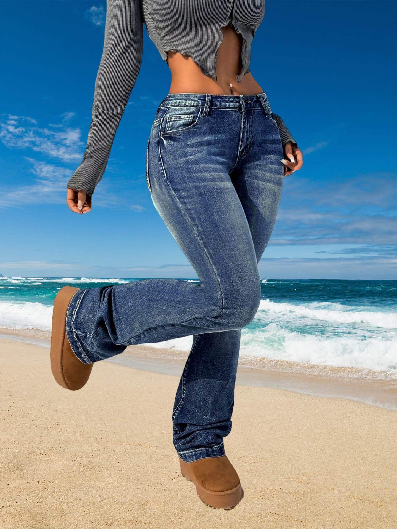 Plus Size Women'S Flared Pocket Embroidered Pants Jeans - Slim Elastic Trendy Sexy Fairy Gorgeous Elegant Avant-Garde Old Retro, Suitable for All Seasons Casual Wear - American Country Ladies Classic Denim Wear