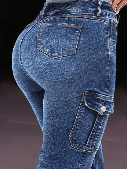 Women'S Heavy Industry Washed And Cropped Jeans With Elasticated Cuffs, Featuring Multiple Pockets For A Casual And Workwear-inspired Look, Denim Nine-inch Pants For Women.