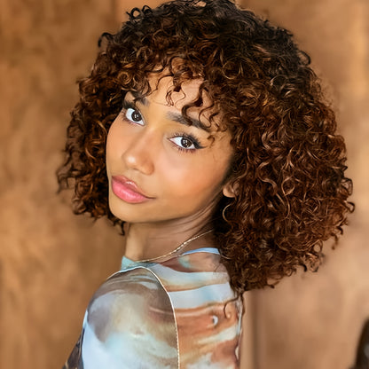 12-Inch Voluminous Afro Curly Wig for Women - Soft Synthetic Hair, Black to Brown Gradient, Perfect for Daily Wear, Parties, Halloween & Cosplay